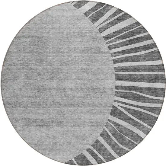 8' Charcoal Gray And Silver Round Abstract Washable Indoor Outdoor Area Rug Photo 2