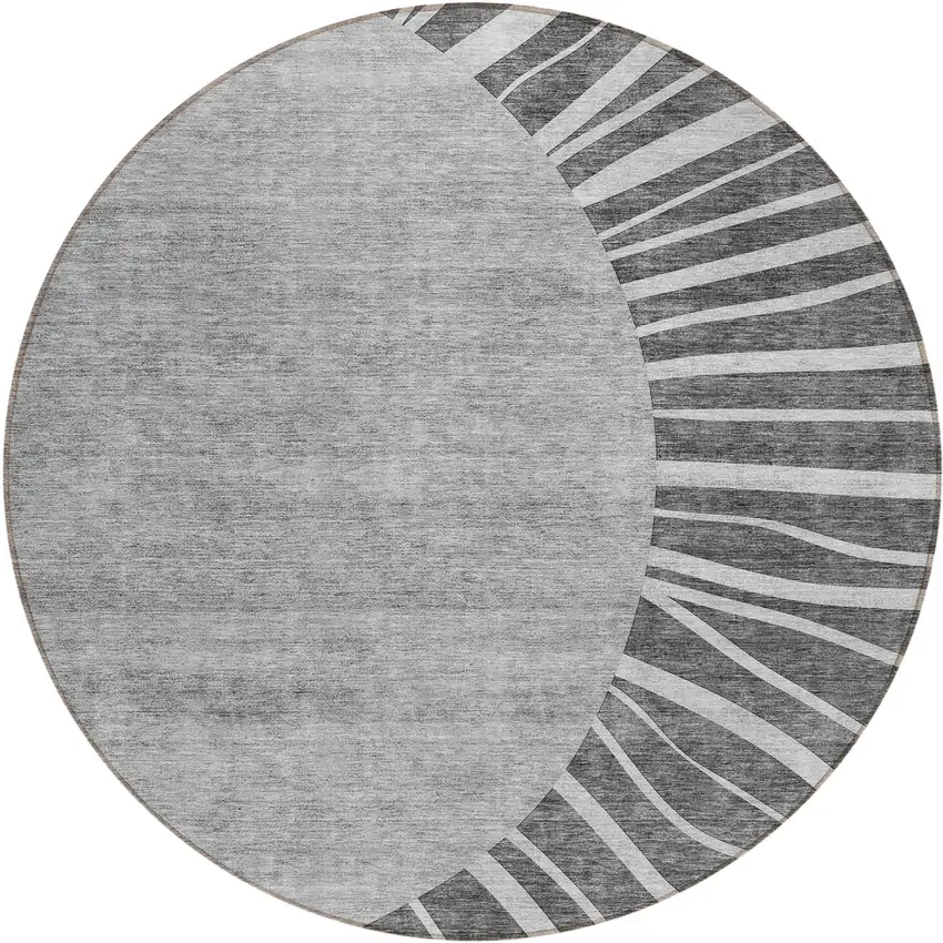 8' Charcoal Gray And Silver Round Abstract Washable Indoor Outdoor Area Rug Photo 2