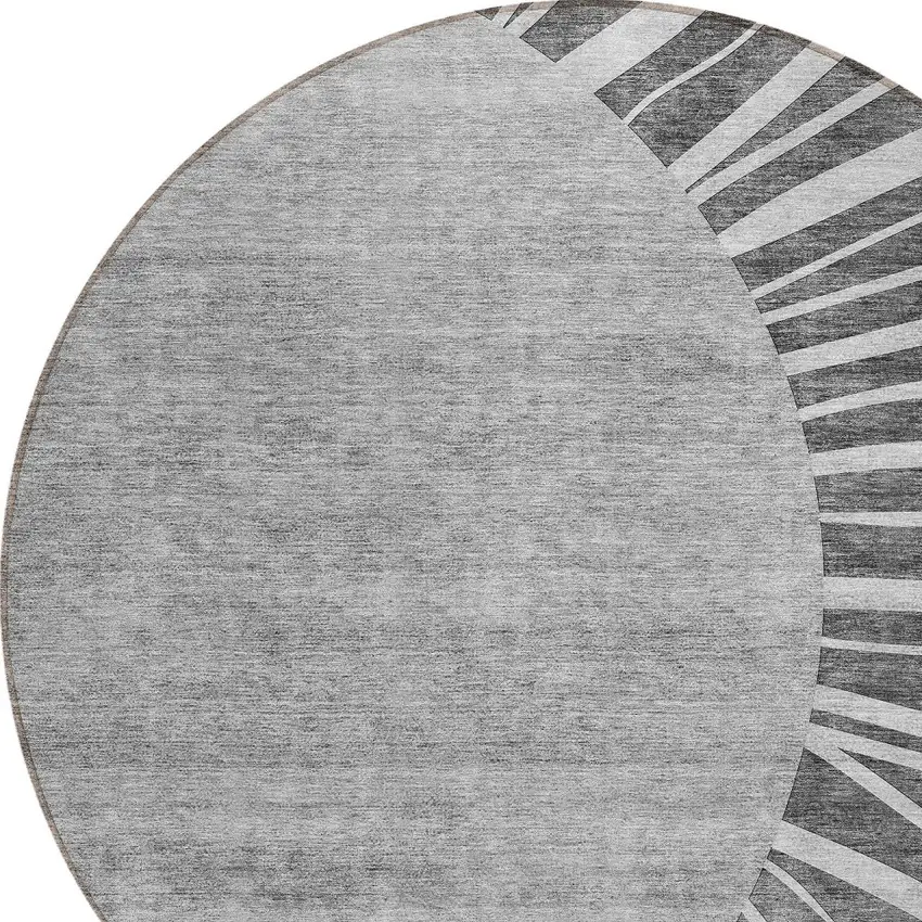 8' Charcoal Gray And Silver Round Abstract Washable Indoor Outdoor Area Rug Photo 6