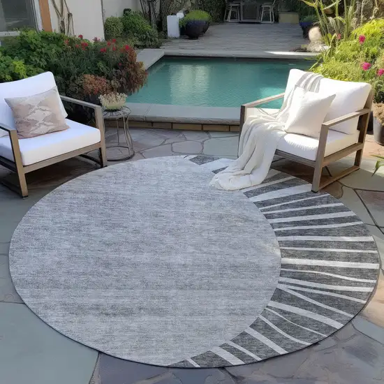 8' Charcoal Gray And Silver Round Abstract Washable Indoor Outdoor Area Rug Photo 8