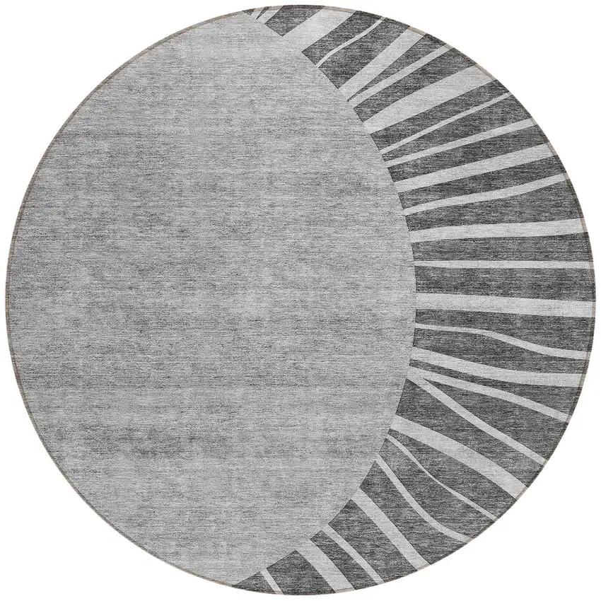 8' Charcoal Gray And Silver Round Abstract Washable Indoor Outdoor Area Rug Photo 7