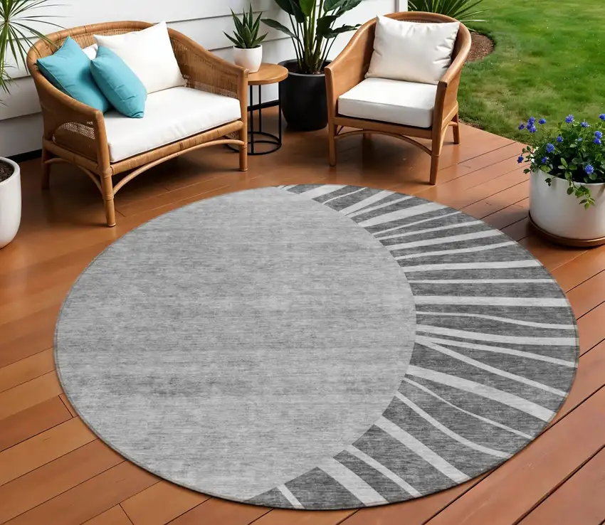 8' Charcoal Gray And Silver Round Abstract Washable Indoor Outdoor Area Rug Photo 1
