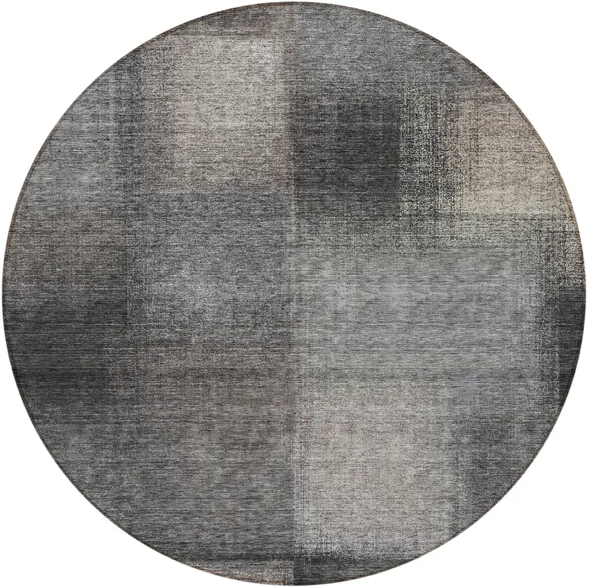 8' Charcoal Gray And Silver Round Abstract Washable Indoor Outdoor Area Rug Photo 6
