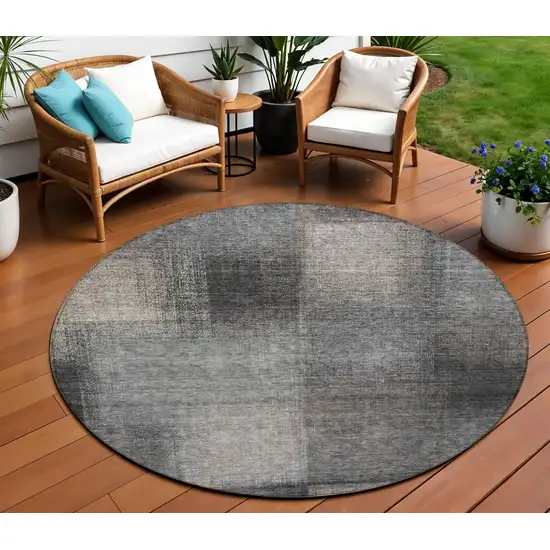 8' Charcoal Gray And Silver Round Abstract Washable Indoor Outdoor Area Rug Photo 1