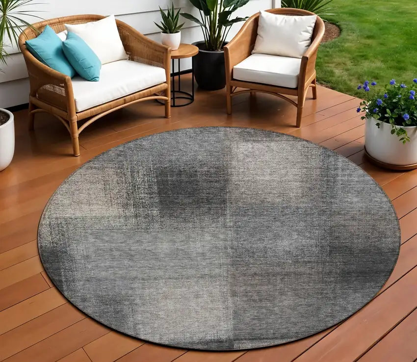 8' Charcoal Gray And Silver Round Abstract Washable Indoor Outdoor Area Rug Photo 1