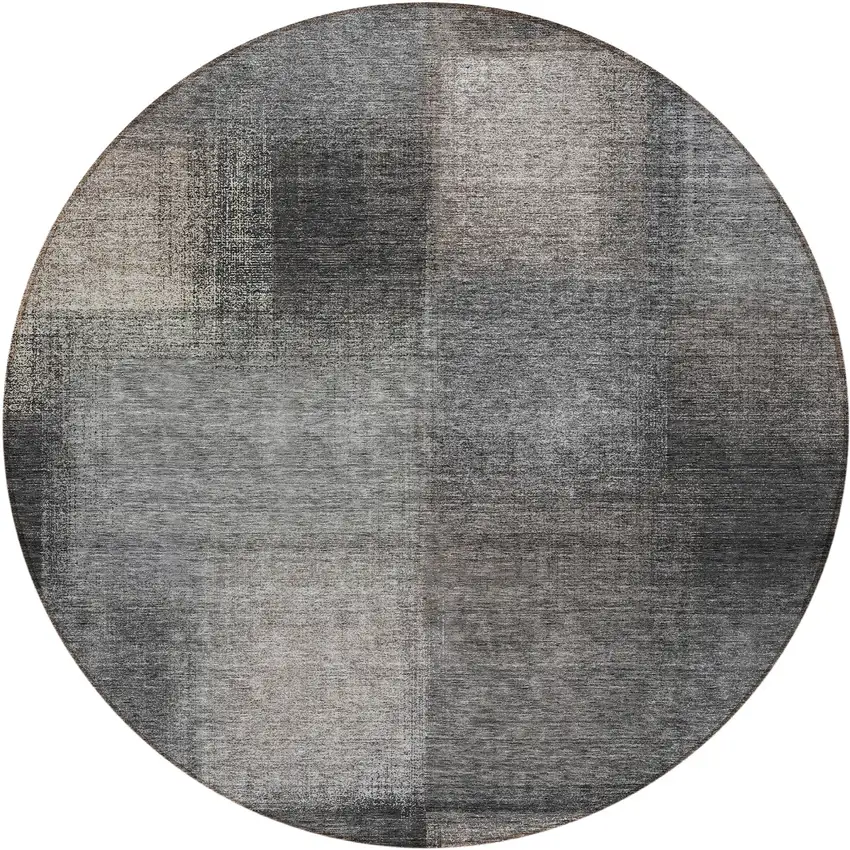 8' Charcoal Gray And Silver Round Abstract Washable Indoor Outdoor Area Rug Photo 1