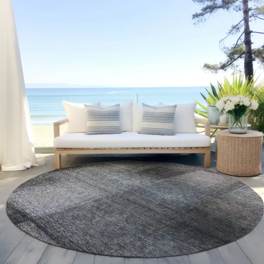 8' Charcoal Gray And Silver Round Abstract Washable Indoor Outdoor Area Rug Photo 7