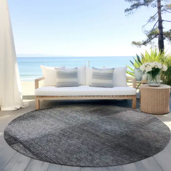 8' Charcoal Gray And Silver Round Abstract Washable Indoor Outdoor Area Rug Photo 7