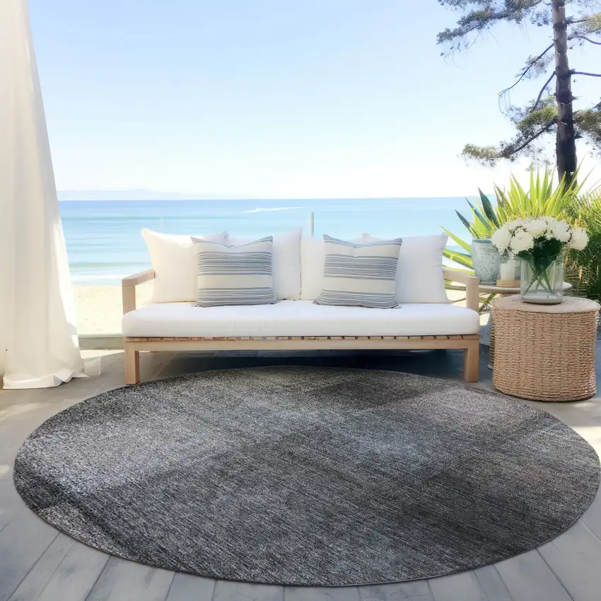8' Charcoal Gray And Silver Round Abstract Washable Indoor Outdoor Area Rug Photo 7