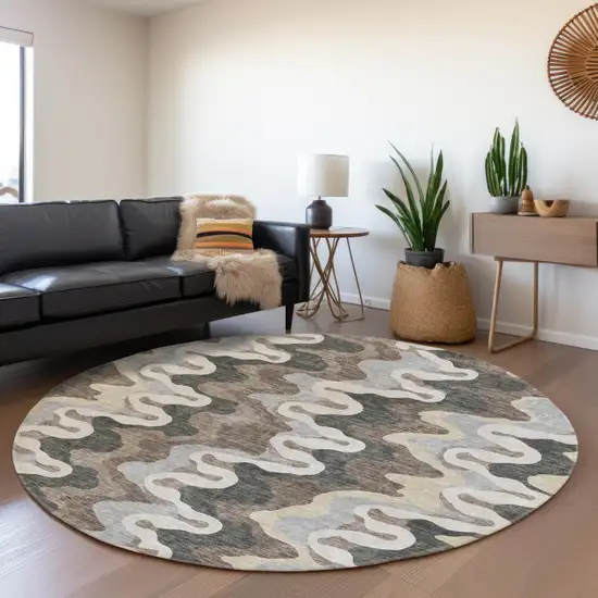 8' Charcoal Gray And Silver Round Abstract Washable Indoor Outdoor Area Rug Photo 7