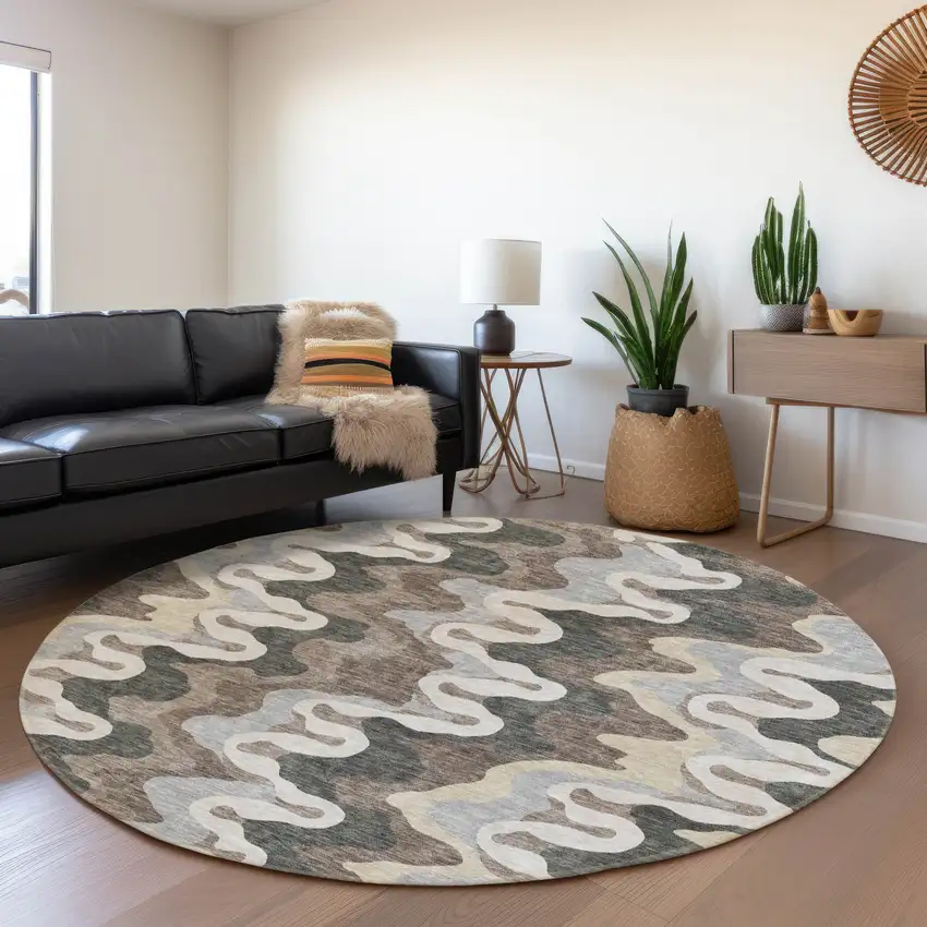 8' Charcoal Gray And Silver Round Abstract Washable Indoor Outdoor Area Rug Photo 7