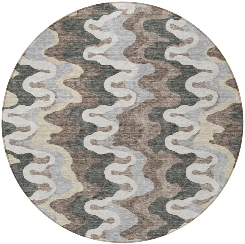 8' Charcoal Gray And Silver Round Abstract Washable Indoor Outdoor Area Rug Photo 5
