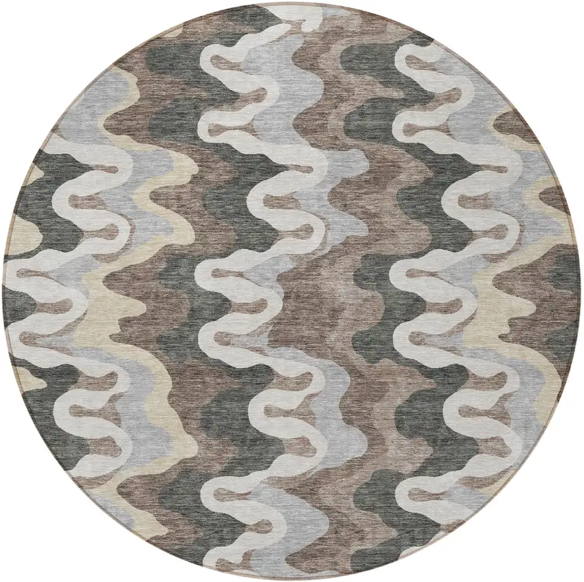 8' Charcoal Gray And Silver Round Abstract Washable Indoor Outdoor Area Rug Photo 5