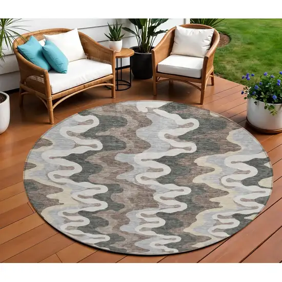 8' Charcoal Gray And Silver Round Abstract Washable Indoor Outdoor Area Rug Photo 1