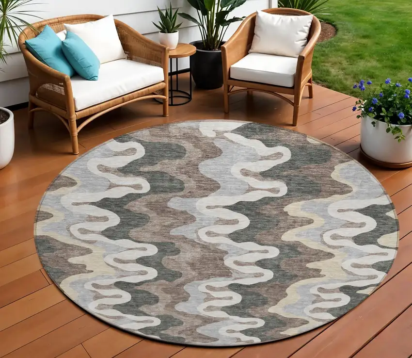 8' Charcoal Gray And Silver Round Abstract Washable Indoor Outdoor Area Rug Photo 1