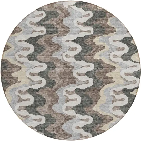8' Charcoal Gray And Silver Round Abstract Washable Indoor Outdoor Area Rug Photo 1