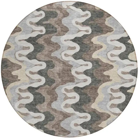8' Charcoal Gray And Silver Round Abstract Washable Indoor Outdoor Area Rug Photo 1