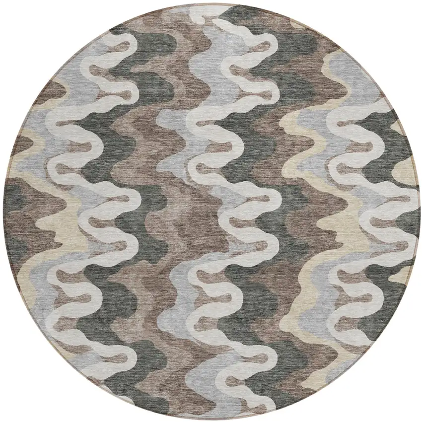 8' Charcoal Gray And Silver Round Abstract Washable Indoor Outdoor Area Rug Photo 1