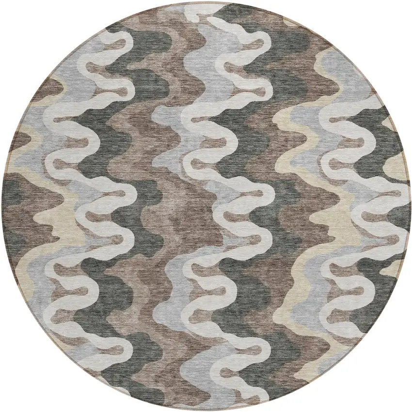 8' Charcoal Gray And Silver Round Abstract Washable Indoor Outdoor Area Rug Photo 1