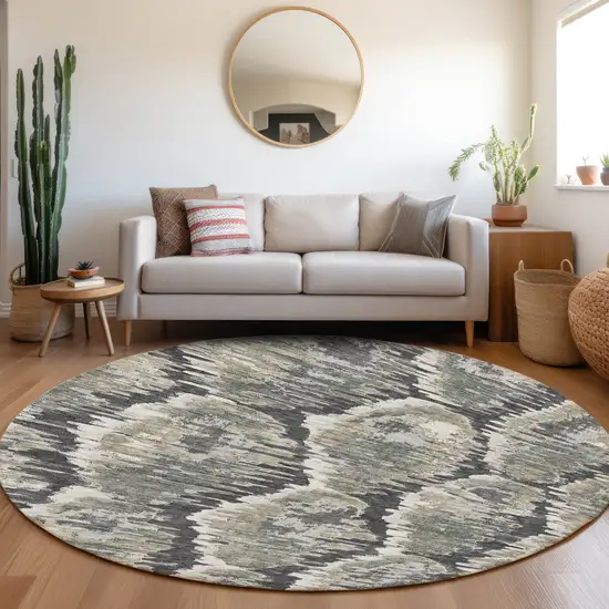 8' Charcoal Gray And Silver Round Abstract Washable Indoor Outdoor Area Rug Photo 8
