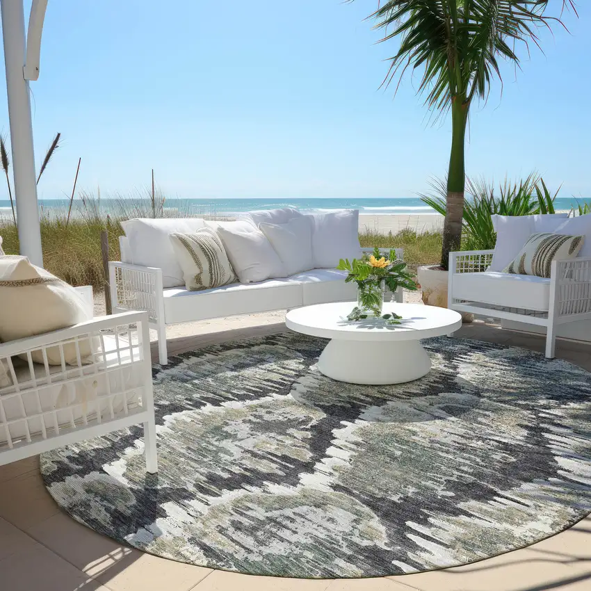 8' Charcoal Gray And Silver Round Abstract Washable Indoor Outdoor Area Rug Photo 7