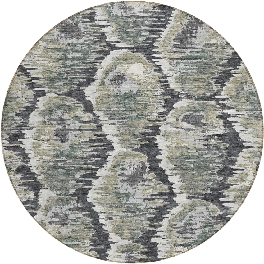 8' Charcoal Gray And Silver Round Abstract Washable Indoor Outdoor Area Rug Photo 1