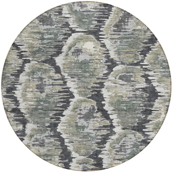 8' Charcoal Gray And Silver Round Abstract Washable Indoor Outdoor Area Rug Photo 1