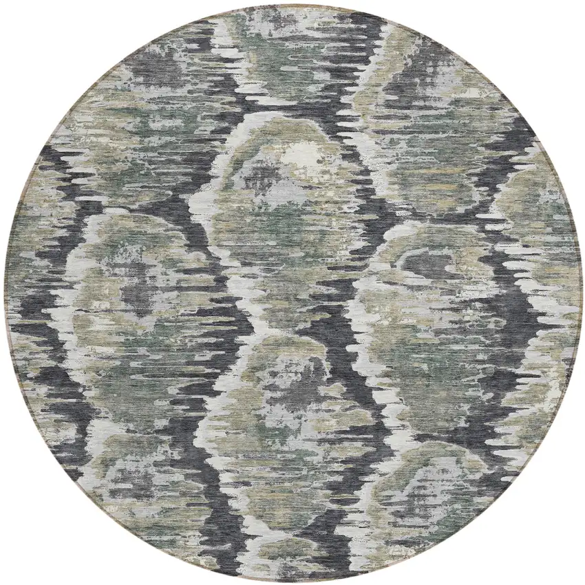 8' Charcoal Gray And Silver Round Abstract Washable Indoor Outdoor Area Rug Photo 1