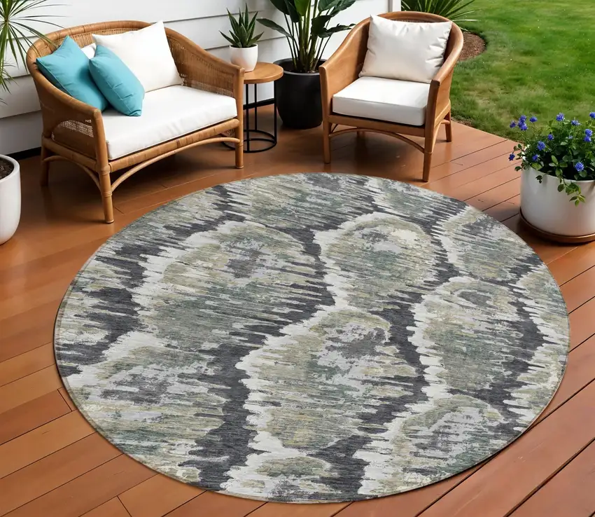 8' Charcoal Gray And Silver Round Abstract Washable Indoor Outdoor Area Rug Photo 1