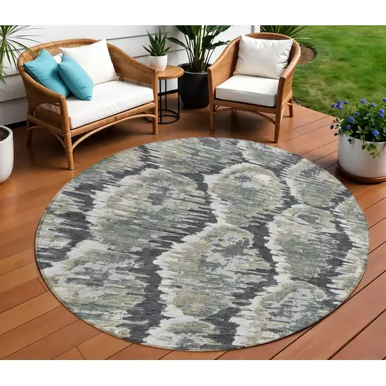 8' Charcoal Gray And Silver Round Abstract Washable Indoor Outdoor Area Rug Photo 1