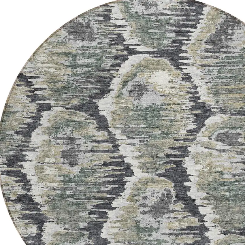 8' Charcoal Gray And Silver Round Abstract Washable Indoor Outdoor Area Rug Photo 5