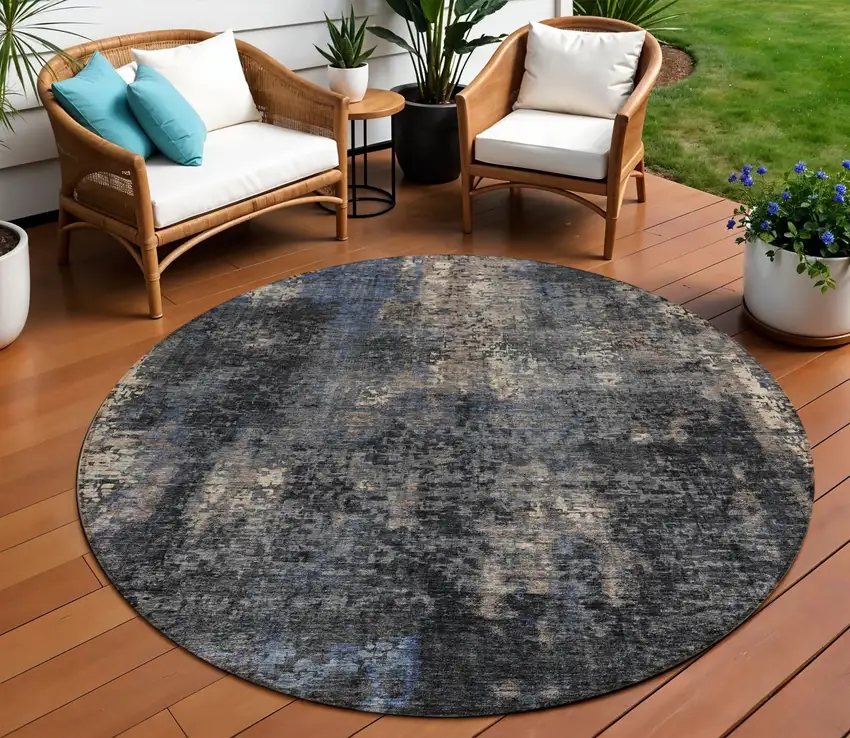 8' Charcoal Gray And Silver Round Abstract Washable Indoor Outdoor Area Rug Photo 1