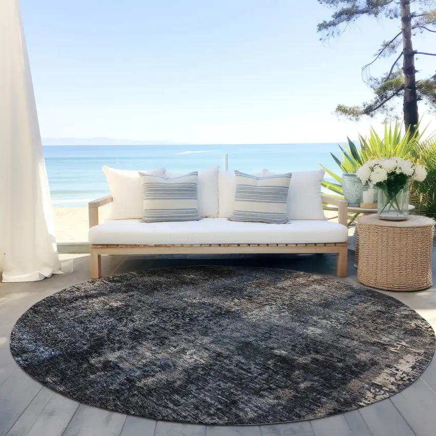 8' Charcoal Gray And Silver Round Abstract Washable Indoor Outdoor Area Rug Photo 6