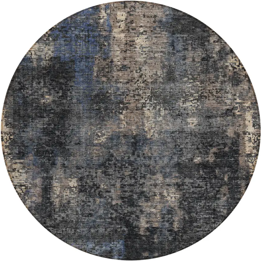 8' Charcoal Gray And Silver Round Abstract Washable Indoor Outdoor Area Rug Photo 2