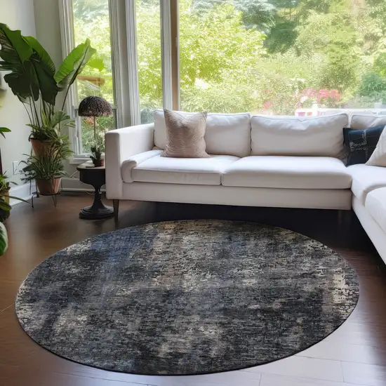 8' Charcoal Gray And Silver Round Abstract Washable Indoor Outdoor Area Rug Photo 7
