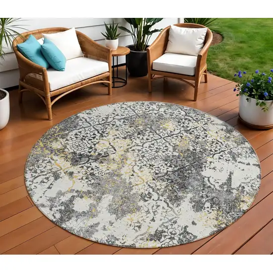 8' Charcoal Gray And Silver Round Floral Washable Indoor Outdoor Area Rug Photo 1