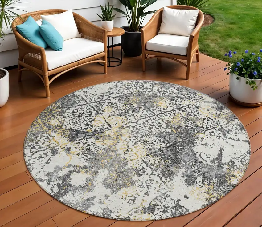8' Charcoal Gray And Silver Round Floral Washable Indoor Outdoor Area Rug Photo 1