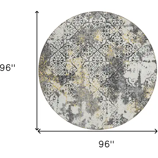 8' Charcoal Gray And Silver Round Floral Washable Indoor Outdoor Area Rug Photo 9