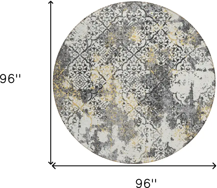 8' Charcoal Gray And Silver Round Floral Washable Indoor Outdoor Area Rug Photo 9