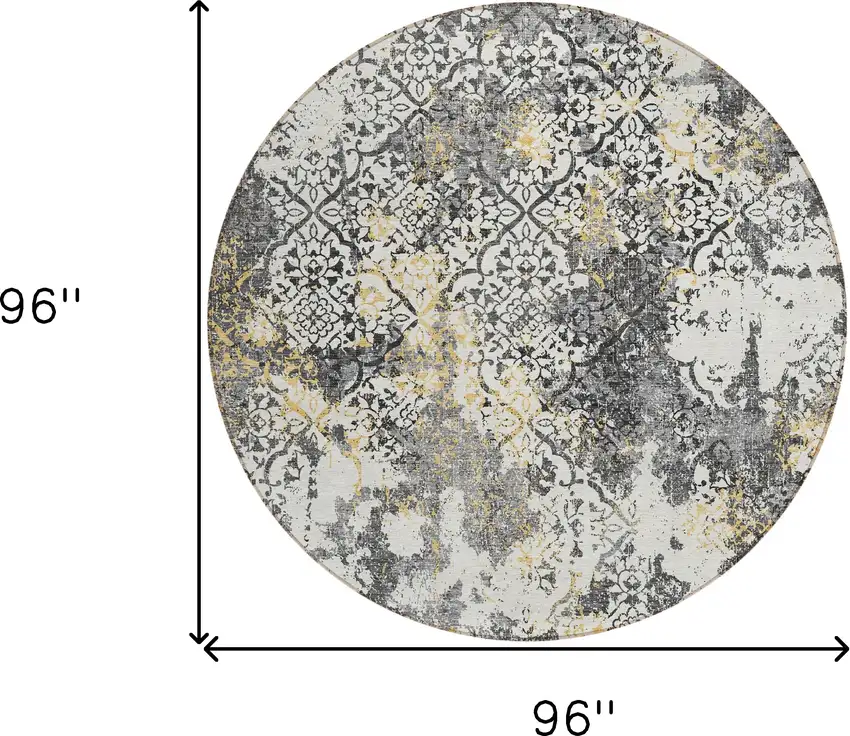 8' Charcoal Gray And Silver Round Floral Washable Indoor Outdoor Area Rug Photo 9