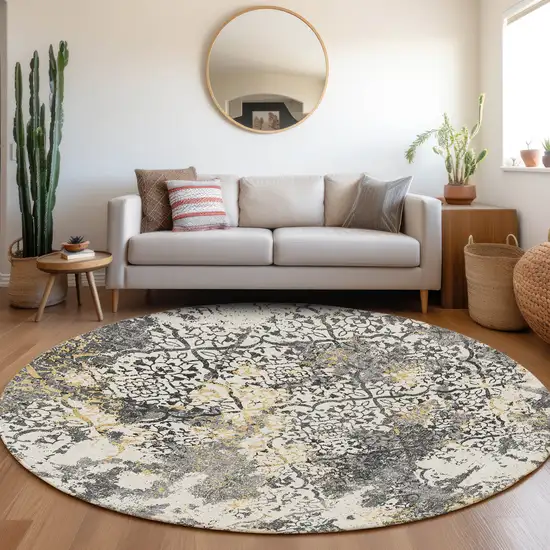 8' Charcoal Gray And Silver Round Floral Washable Indoor Outdoor Area Rug Photo 8