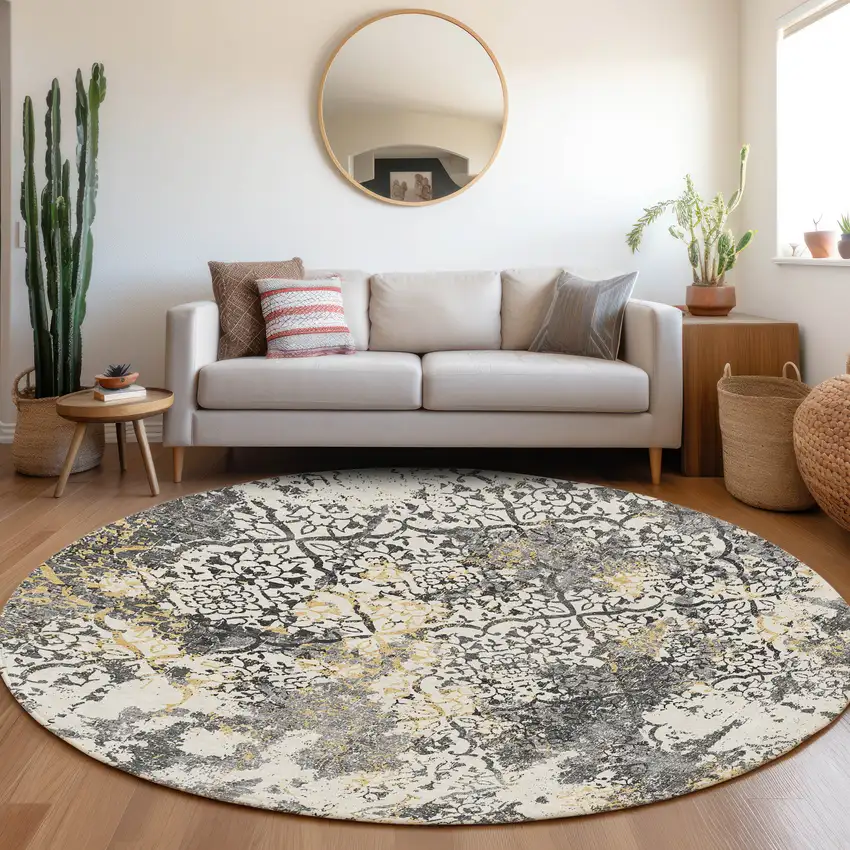 8' Charcoal Gray And Silver Round Floral Washable Indoor Outdoor Area Rug Photo 8