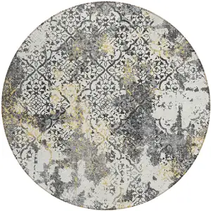 Photo of 8' Charcoal Gray And Silver Round Floral Washable Indoor Outdoor Area Rug