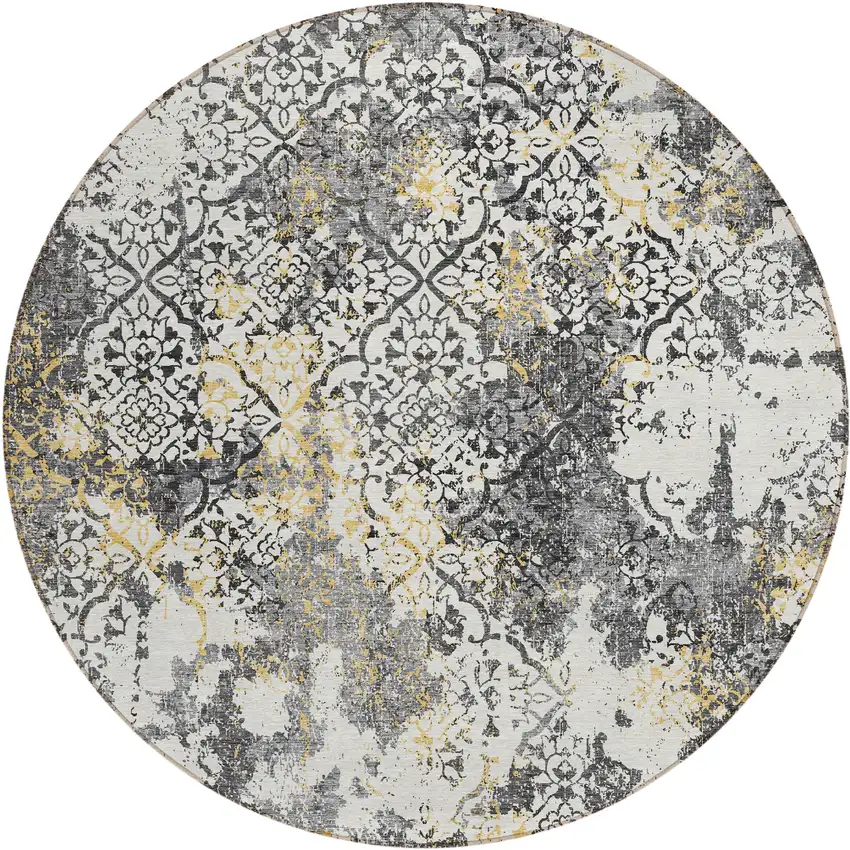 8' Charcoal Gray And Silver Round Floral Washable Indoor Outdoor Area Rug Photo 1
