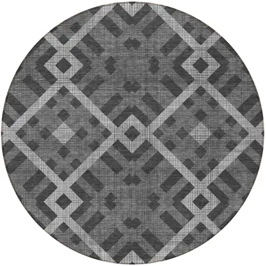 8' Charcoal Gray And Silver Round Geometric Washable Indoor Outdoor Area Rug Photo 5