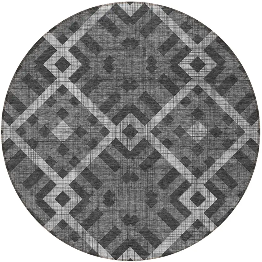 8' Charcoal Gray And Silver Round Geometric Washable Indoor Outdoor Area Rug Photo 5