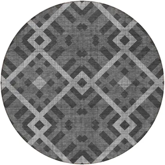 8' Charcoal Gray And Silver Round Geometric Washable Indoor Outdoor Area Rug Photo 5