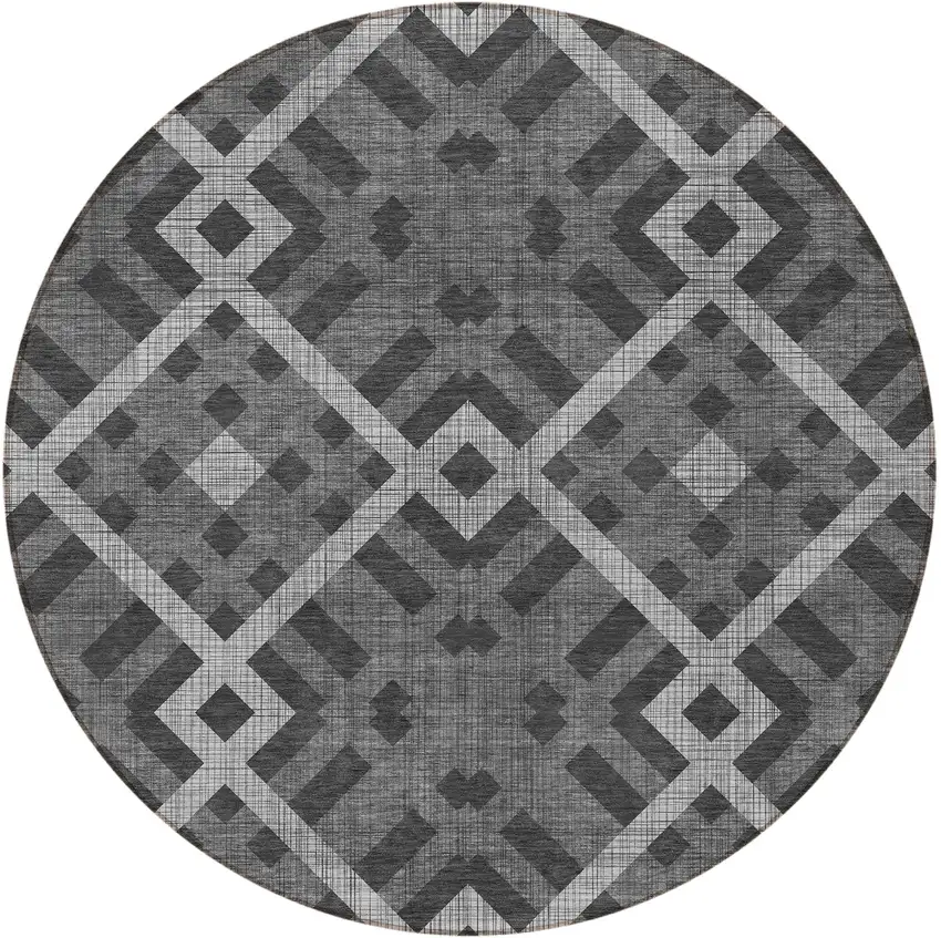 8' Charcoal Gray And Silver Round Geometric Washable Indoor Outdoor Area Rug Photo 5