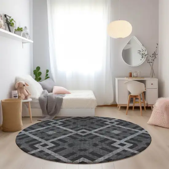 8' Charcoal Gray And Silver Round Geometric Washable Indoor Outdoor Area Rug Photo 7