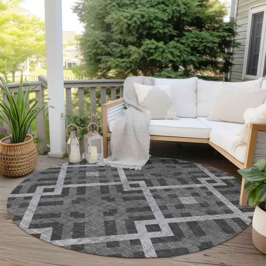 8' Charcoal Gray And Silver Round Geometric Washable Indoor Outdoor Area Rug Photo 6